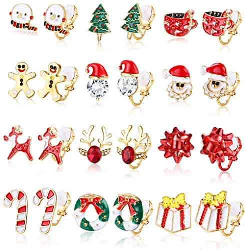 CASSIECA 10-12 Paar Clip Ohrringe Weihnachten für Damen Mädchen Weihnachts Ohrringe Set Hängend Weihnachtsbaum Schneeflocke Elch Ohrring Weihnacht