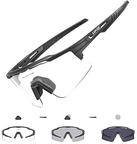 KAPVOE Selbsttönend Fahrradbrille Photochromatische UV400 Schutz Klar Sportsonnenbrille für Herren Damen Sport Radfahren MTB Radbrille Sportbrille Fahren Baseball Laufen Angeln Golf klar Schwarz 01