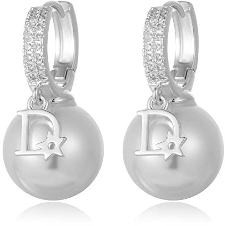Boucles perles d'oreilles Pendantes,Boucles d’oreilles des perles Simple en Argent 925 Clous d’oreilles Crochet Boucles d’oreilles longues Perles de culture Saint-Valentin Cadeau parfait,Lettre D