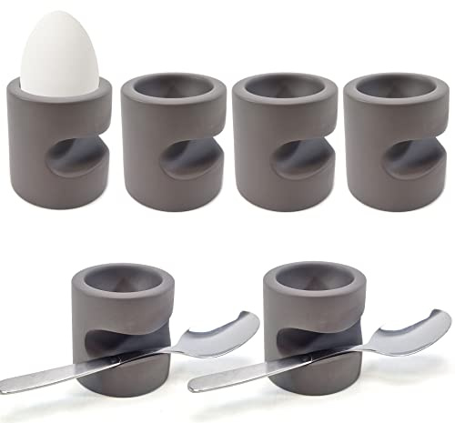 QMBasic Design-Pro EIERBECHER im Sixpack SET-Angebot | Löffel-Ablage Grau Zeitlos Frühstücks-Ei für 6