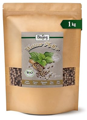 Biojoy Poivre blanc BIO entier, grains pour moulin, 1 kg | Baies de poivre du Sri Lanka, séchées, Piper nigrum L., Schinus terebinthifolia L.