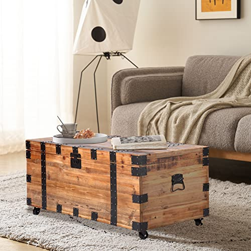 NewCosmos 41 Reclaimed Fir Wood Storage Trunk Coffee Table with Lock
