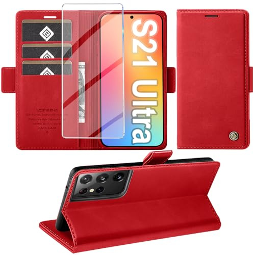 Giyer Handyhülle für Samsung Galaxy S21 Ultra Hülle Standfunktion Kartenfach Wallet Premium Leder Schutzhülle Galaxy S21 Ultra Flip Case Cover Stoßfeste Klapphülle Galaxy S21 Ultra 5G 6.8 Zoll (Rot)