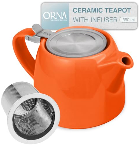 ORNA - Tetera de cerámica de hojas sueltas con filtro infusor y tapa, cafetera pequeña de porcelana para una o 2 personas, 550 ml, color naranja