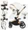 MoLi PU-Leder Kinderwagen 3 in 1, Kinderwagen mit 360° Drehbarem Cabrio-Sitz, Buggy mit Großer Bequemer Babywanne, Kombikinderwagen 3 in 1 Rahmen Aluminiumlegierung Faltbar Hohe Landschaft (906 White)
