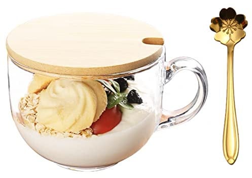 KKGUD Tempered Glass Teacup with Wood Lid and Spoon, 16oz Oatmeal Cup, Yogurt Bowl