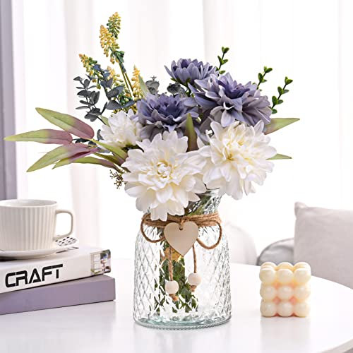 GDSSG Fake Artificial Flowers with Vase,Silk Blue Daliha Flower Arrangements in Vase for Home Office Farmhouse Centerpiece Table Decor
