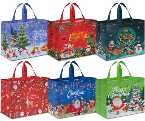 AhfuLife 6 Stück Geschenktüten Weihnachten Groß, 40 * 36 * 15CM, Non Woven Weihnachtstaschen Weihnachtstüten mit Griffen, Wiederverwendbare Weihnachtsgeschenktüten, Weihnachts Geschenktüten