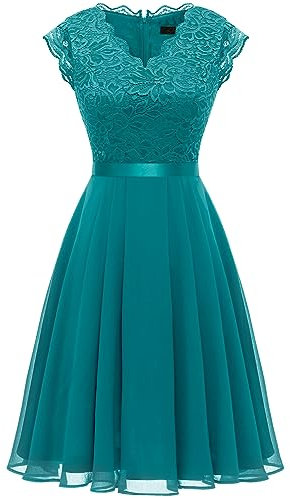 Dressystar Party Dress with V-Neck & Fungus Sleeves - Wedding & Bridesmaid Dress in Peacock Green, Lace & Floral Pattern, Size XL