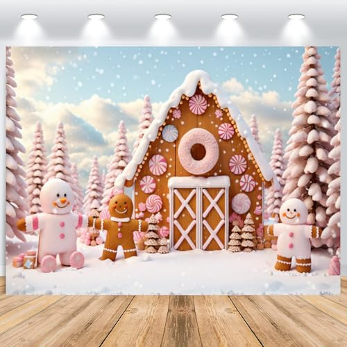 ASDCXZ Weihnachten Fotohintergrund 2.2x1.5m, Rosa Lebkuchenhaus Schneemann Donut Weihnachtsbaum Kinder Weihnachts Fotografie Hintergrund, Vinyl Familienfeier Party Ornamente Fotowand Hintergrund