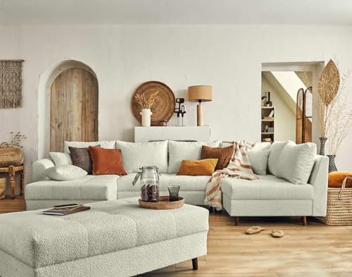 Lisa Design Rune – Wohnlandschaft rechts – 7-Sitzer – mit hocker – aus Bouclé-Stoff Beige