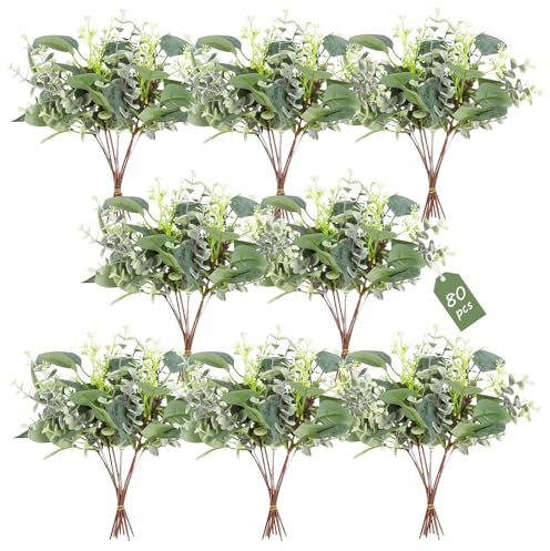 ZeKonan 80 Stück künstliche Eukalyptus-Stiele, künstliche Blätter, Silberdollar, Eukalyptusblätter, Zweige für Vasen, Blumensträuße, Baby-Eukalyptusblätter für Familie, Hochzeit, Center,