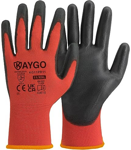 KAYGO Work Gloves PU Coated-12 Pairs, KG11PR, Safety Working Gloves with Secure Grip on Palm & Fingers, for Men and Women, Ideal for General Purpose Light Duty Work, Gardening (XX-Large, Red)