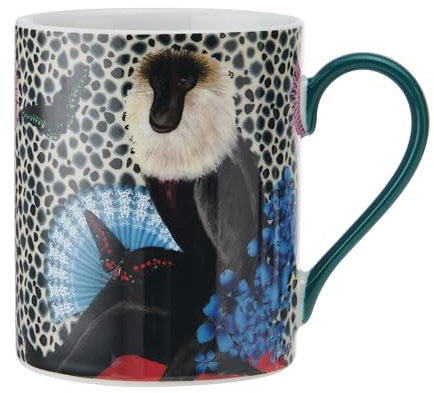 Mikasa x Sarah Arnett Porzellanbecher, bedruckter Becher für Tee und Kaffee, einzigartiger Becher zum Verschenken, Affendruck, 350ml - spülmaschinenfest