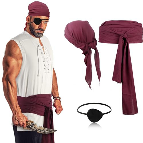 Piraten Accessoires Damen Herren, Piraten Kopftuch Taillengürtel Augenklappe Piratenkostüm Damen Herren Accessoires, Pirat Kostüm Frauen Damen Herren Bandana Gürtel für Fasching Karneval Halloween