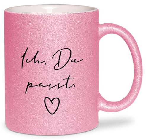 glitzertassen.de® | Ich, Du, passt! | Tasse mit Glitzer | Geschenkidee | Lustige Sprüche | Valentinstag | Liebe | Kaffeebecher | Keramik | 330 ml | Rosé