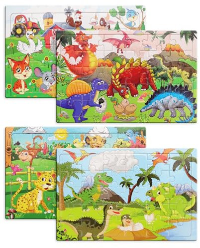 KINHARD Kinderpuzzle - Rahmenpuzzle ab 3 Jahre, Dinosaurier & Nutztier Puzzle mit 120 Teilen, Pädagogische Spiele, Geschenke für Kinder