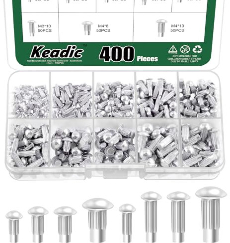 Keadic 400Pcs M2 M2.5 M3 M4 Aluminium Lötkopf Solid Nieten Sortiment Set, 6mm 8mm 10mm Solid Aluminium Nieten für die Reparatur von Booten Flugzeug Automobil Maschinerie