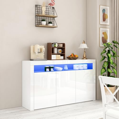 LED Sideboard Storage Cabinet, High Gloss Sideboard for Living Room,TV Unit Home Furniture Storage with 3 Doors (White)