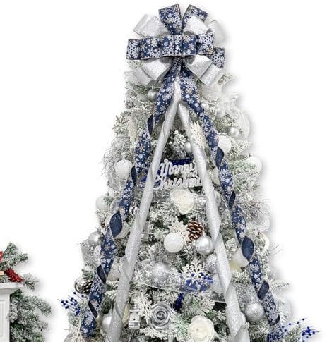 Hismir Large Christmas Bow with Glitter Streamer and Patterned Ribbon, Decorative Bows for Xmas Tree Wreath Door Festival Home Decor (Blue & Silver Snowflake)
