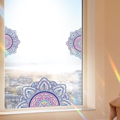 Mandala Fensterbilder Prisma Fensteraufkleber Suncatcher Boho Blumen Lila Fensterfolie Fensterbilder Anti-Kollisions Aufkleber Fensteraufkleber Vogelschutz Elektrostatische Adsorption Runder Stil