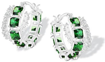 Mesovor Silber Doppel Creolen Ohrringe für Damen, Dicke Versilberte Farbige Zirkonia Creolen Ohrringe, Silver Earrings Schmuck Geschenke (Silber-grün)