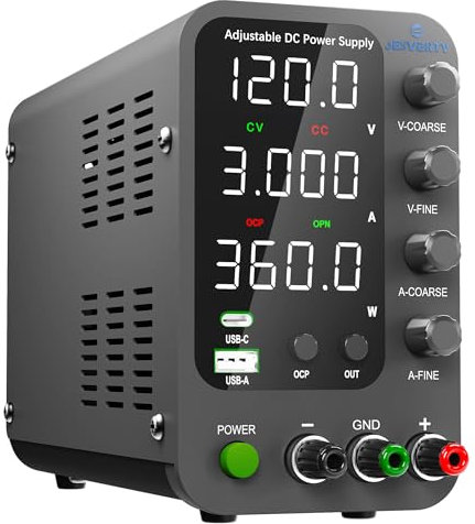 Jesverty DC Power Supply Variable, 0-120V 0-3A Switching Bench Power Supply with 20W USB & Type-C Quick-Charge, Encoder Corase & Fine Adjustment Knob, Output Switch, 4-Digit LED Display - SPS-12003V