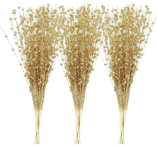 BEEXEED 20 Pack Gold Artificial Glitter Berry Stems for Christmas Tree Decoration & Festive Home Decor | 17 Beaded Twig Branches Perfect for Holiday Wreaths & Vase DIY Ornaments(17 Inch,Gold)
