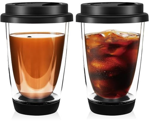 PRITOK Lot de 2 tasses à expresso à double paroi - Noir - 450 ml - En verre borosilicate - Pour latte, macchiato, cappuccino, bière, lait, thé