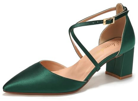 Elivandon J1586 Mujer Satén Punta Puntiaguda Tacón Medio 6cm Sandalias Noche Tacón Ancho Nupcial Boda Zapatos Tira Larga Color Verde Oscuro,Tamaño 39 EU