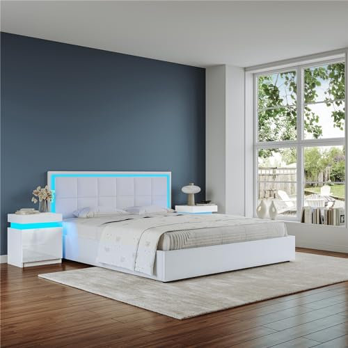 Komtopod Double Bed Frame with Wooden Storage LED Headboard Bed, 4ft6 Faux Leather Bed with Wooden Slats Enhanced Support Underbed Storage Unit White