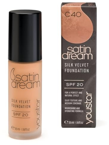 youstar SATIN DREAM Foundation, Feuchtigkeitsspendende Make-up-Grundlage, mittlerer bis hoher Deckkraft, für einen seidig glatten Teint, cremefarbene Textur, natürlich, für unregelmäßige Haut (C40)