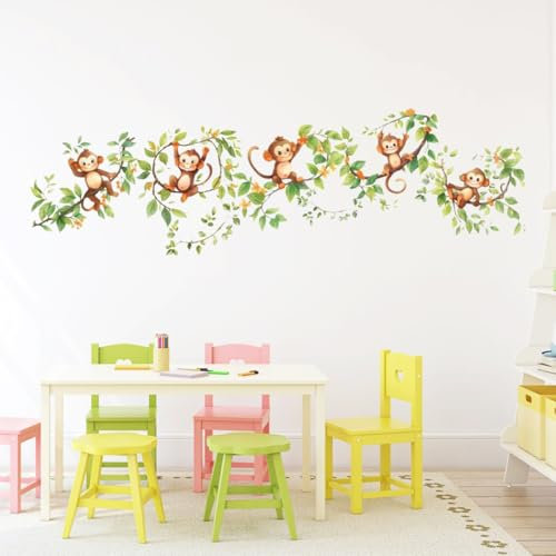 PLIGREAT niedliche Affe Wandtattoos Cartoon Reben Wandaufkleber Dschungel Tiere Wanddekoration Abnehmbare Wandtattoo für Kinder Kinderzimmer Schlafzimmer Spielzimmer Weihnachten Zuhause Wanddeko