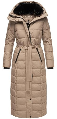 Navahoo Damen Wintermantel Warmer Steppmantel lang mit Kapuze und Taillengürtel Das Teil XIV Taupe Grey Gr. XL