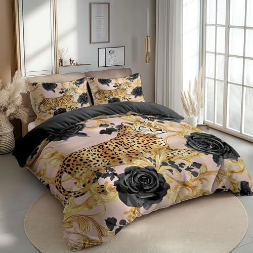CozyRest Housse Couette Style Rococo imprimé léopard et Roses Rouges, Enfant Housse de Couette avec 2 Taies d'oreiller 65x65cm, Impression Parure de Lit 1 Personnes, Ne S'estompe Pas Gris Plomb