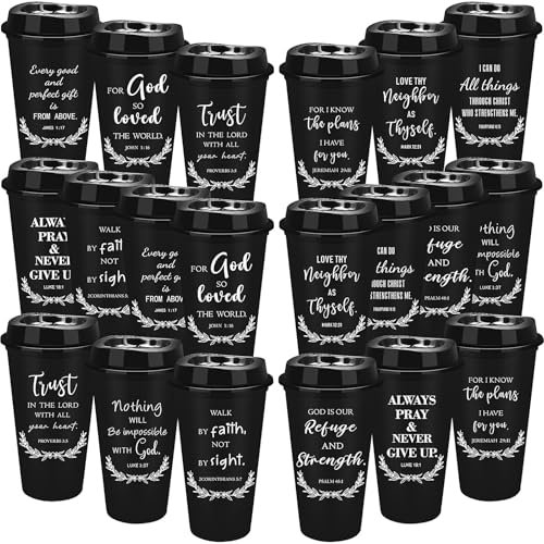 OJMHD 20 Pcs Christian Plastic Coffee Cups with Lids, 470 ml Reusable Employee Appreciation Tumbler Bulk, Black Bible Verse Religious Coffee Mugs for Women Men Staff Party Church Gifts