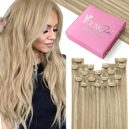 YoungSee Clip in Extensions Echthaar 55cm Clip in Hair Extensions Echthaar fur Damen Clip Echthaar Extensions 120g #16/22