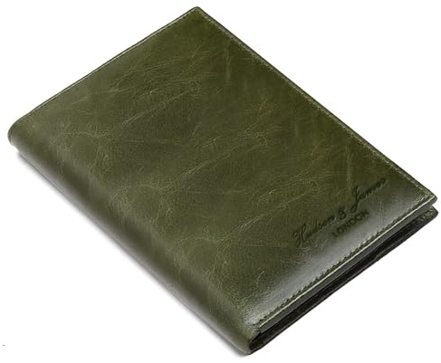 Hudson & James Porta passaporto in vera pelle con blocco RFID, custodia da viaggio con slot per carte di credito, organizer per documenti da viaggio, biglietti essenziali da viaggio, Verde, M