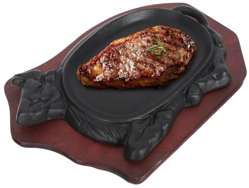 Alipis Assiette Pour Steak 21x14 Cm En Fonte Plateau En Bois Rouge, Poêle à Griller Antiadhésive Pour Poissons Et Viandes, Usage Domestique Et Repas Convivial, Ensemble