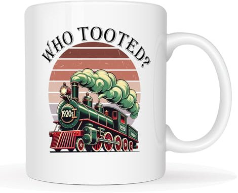 This Vintage 1920s 'Who Tooted?' Steam Train Coffee Mug 11oz - Funny Retro Design for Train Lovers, Dad Jokes Fans & Model Railroad Collectors, Dishwasher Safe