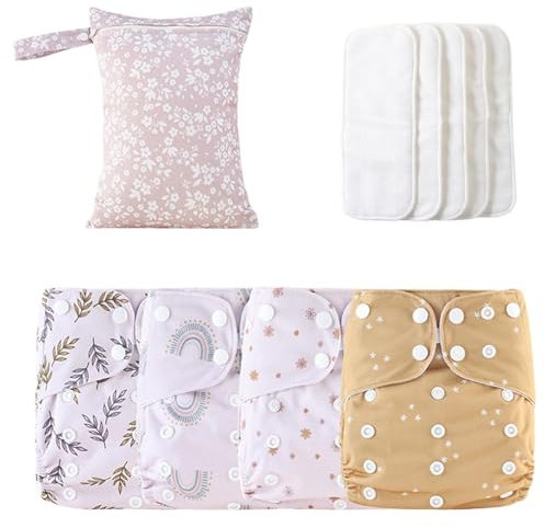 Couches en réutilisables, couches lavables pour bébé, Couches en réglables réutilisables, Couvercle 4x étanche, doublures absorbantes et respirantes avec 4 inserts et 1 sac humide, empêche la colorati