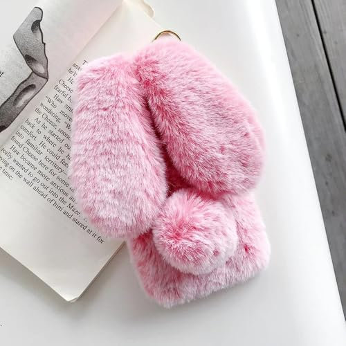 UJNHGQ Warm Rabbit Fluffy Fur Phone Case For iPhone 15 Pro Max 14 13 12 11 Pro Max X XR XS Max 7 8 Plus Rabbit Ears Soft Bag,pink1, For iphone XR