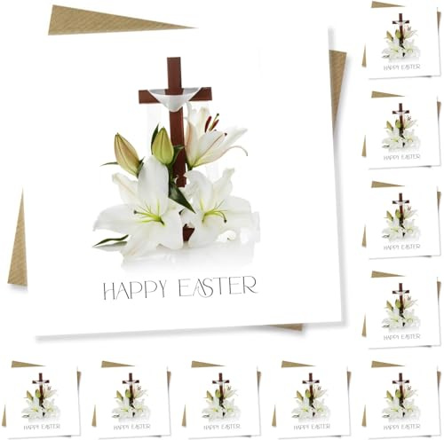 Punkcards - Condividi un messaggio di speranza e rinnovamento, confezione da 10 biglietti di Pasqua religiosi con disegno croce e giglio