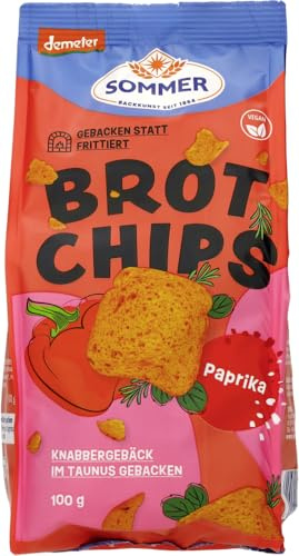 Sommer & Co. Demeter Brot Chips Paprika aus Vollkornweizen, 100g, vegan - Bio Gebäck & Snacks in bester Qualität 18 x 100 g