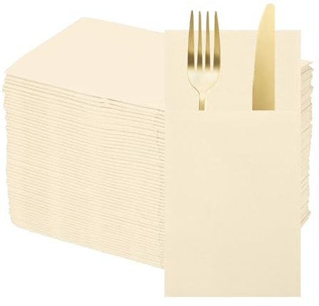 sourcing map 100 Pcs Disposable Linen Feel Napkins with Built-in Flatware Pockets, Paper Dinner Napkins for Knife and Forks, Hand Towels for Wedding Party Beige