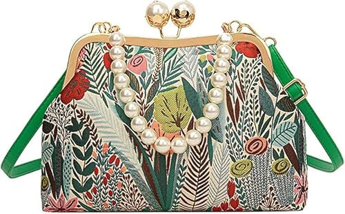 ORVCVGLB Vintage-Handtasche mit Blumenstickerei, Perlen-Umhängetasche mit Kussverschluss, rustikale Umhängetasche mit Blumenstickerei