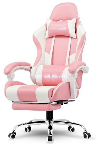 LUCKRACER Gaming Chair Massage With Footrest Ergonomic Computer Chairs High Back Support Height Adjustable Reclining Heavy Duty PC Chair (Faux Leather, Pink)