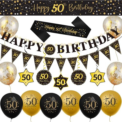 50th Happy Birthday Decorations, 20 Pcs, Include Black gold 50th Birthday Banner Straps Hanging Swirls Triangle Flags Confetti Latex Balloons & 10Ft Light String for Women Men Party Supplies