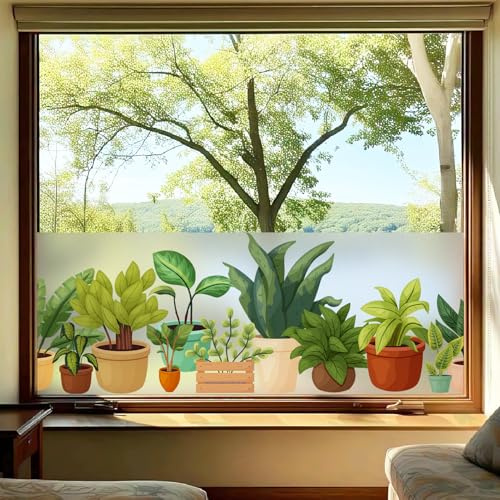 dktie Statisch haftende Fensterfolie, Mattiert Sichtschutzfolie mit Buntem Topfpflanzen-Muster, Anti-UV Blendfreier Sonnenschutz Folie, Fensteraufkleber für Wohnzimmer Küche Büro 90x200cm