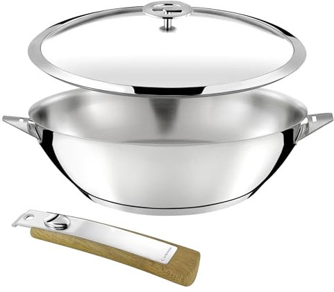 Cuisinox - Eclipse - Wok 28 cm tout inox - Fond encapsulé - Compatible tous feux dont induction - Acier Inoxydable 18/10 - Finition miroir - Poignée amovible effet bois, Gris